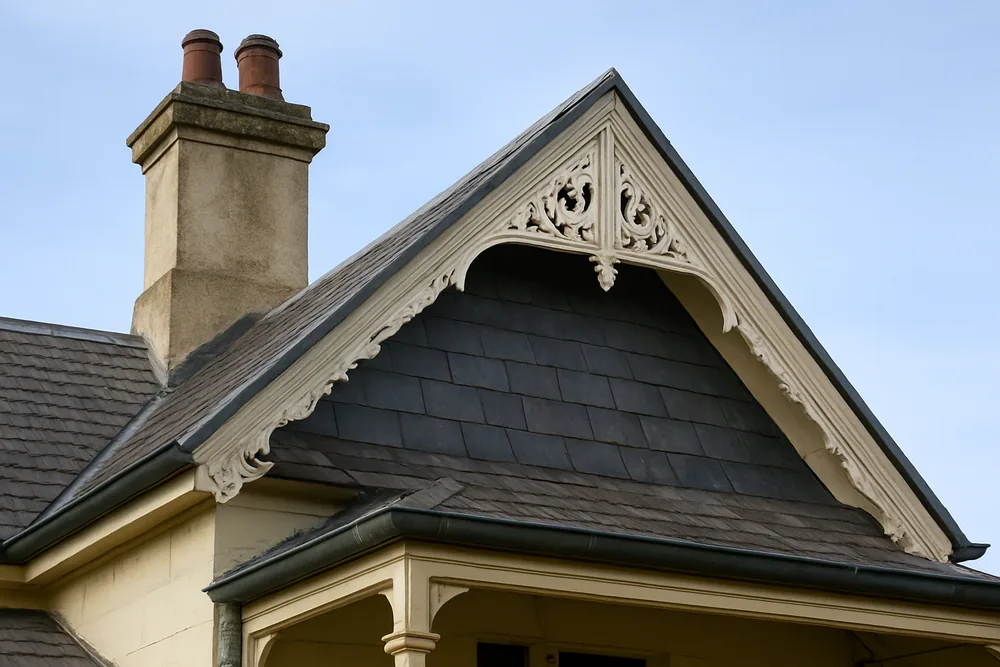 A slate gable with a timber bargeboard and a rendered chimney — heritage slate roofs, Ballarat. Illustrative example.