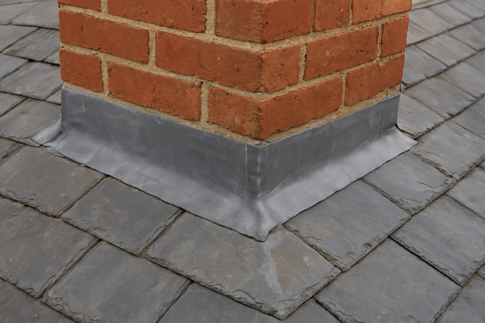 Soft grey lead flashing around the base of a brick chimney on a slate slope — flashings and valleys, Ballarat. Illustrative example.
