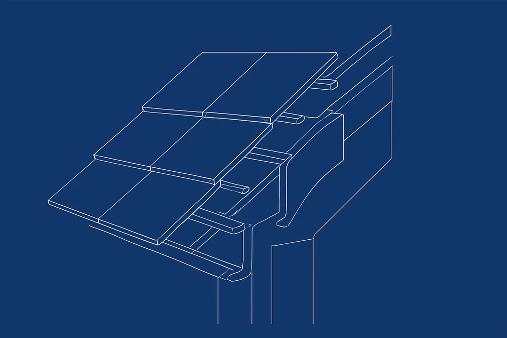 A line drawing of a slate roof edge in section with slates, battens and a flashing — slate roofing, Ballarat. Illustrative example.