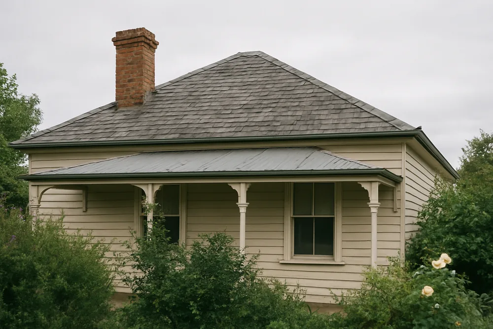 A hipped slate roof on a single-storey weatherboard house with an unpainted brick chimney — slate roofing, Ballarat. Illustrative example.