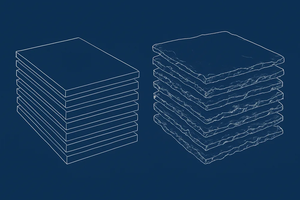 A line drawing of new slates with cut edges stacked beside weathered slates — slate roof replacement, Ballarat. Illustrative example.