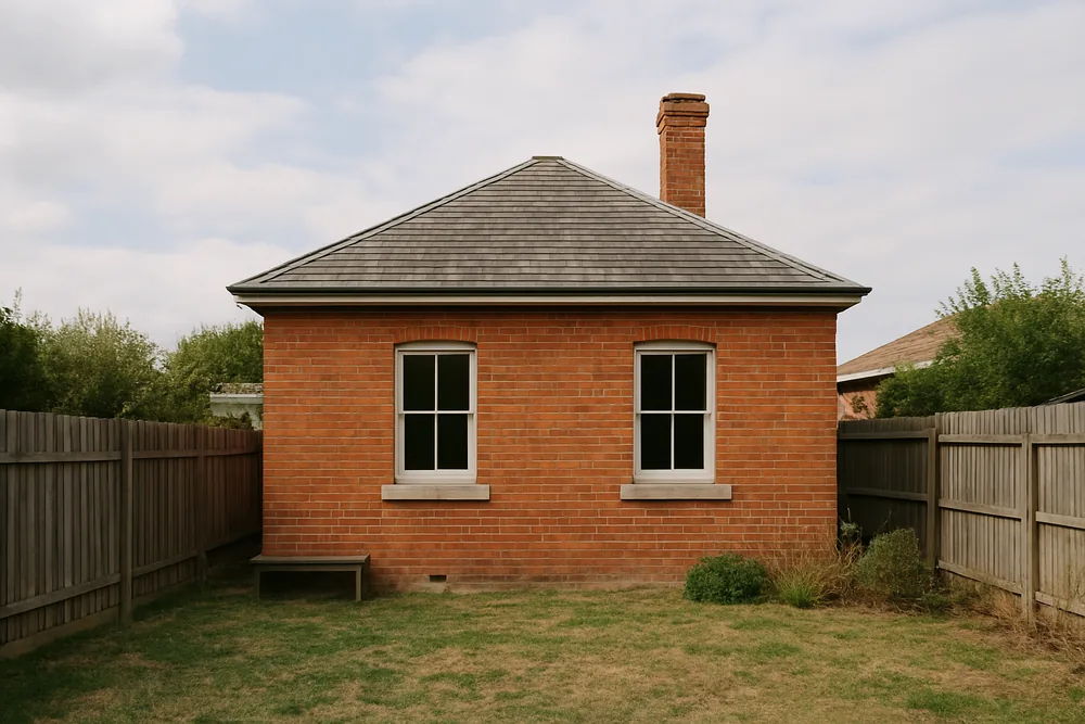 A single-storey brick cottage with a hipped slate roof, eaves and an unpainted brick chimney — slate roofing, Ballarat. Illustrative example.