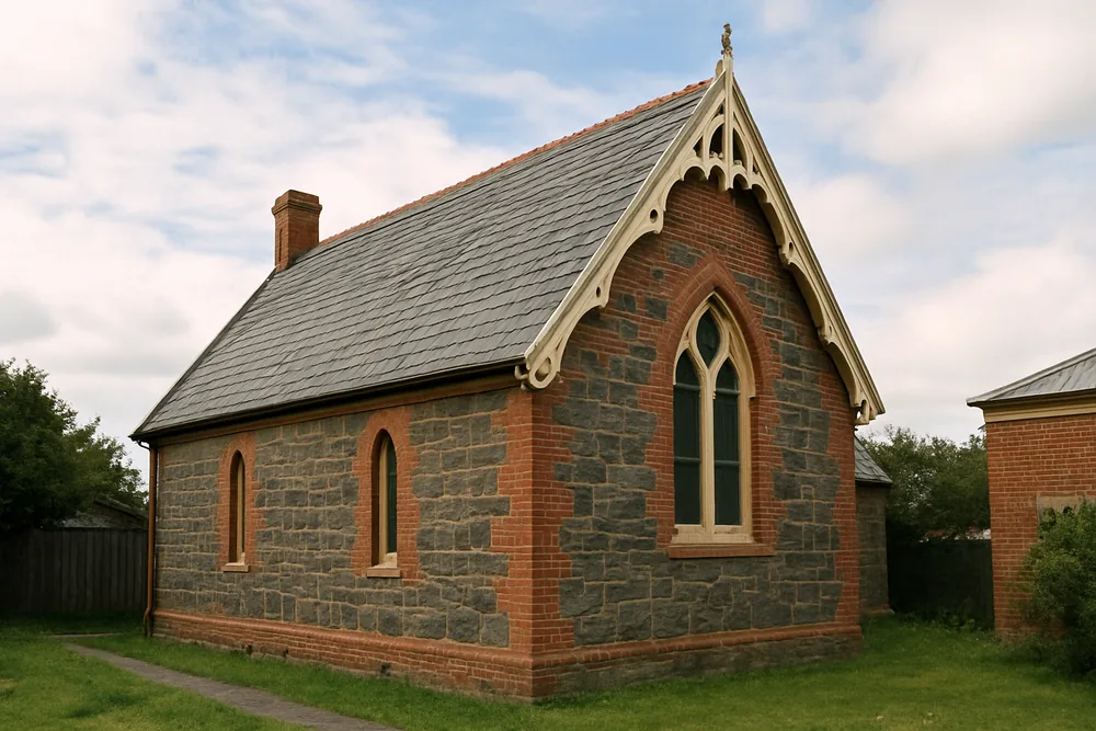 A steep pitched slate roof on a small brick and bluestone hall with decorative gable detail — slate roofing, Ballarat. Illustrative example.