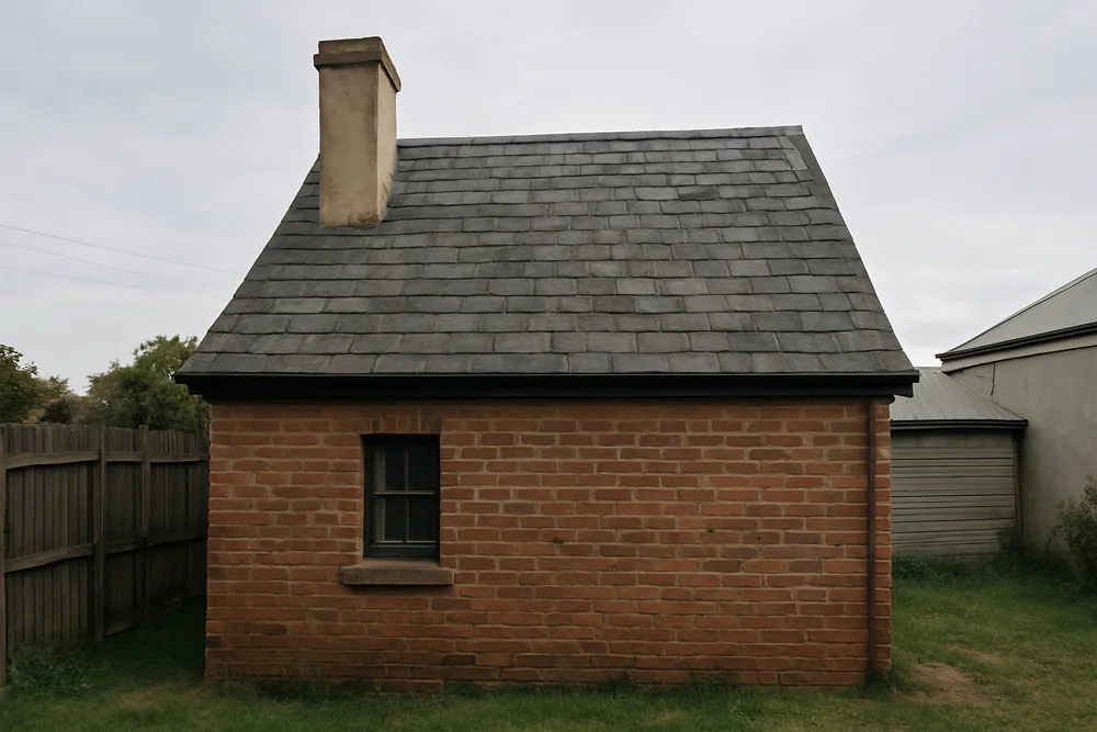A steep slate roof on a small brick township building with a rendered chimney — slate roofing, Ballarat. Illustrative example.