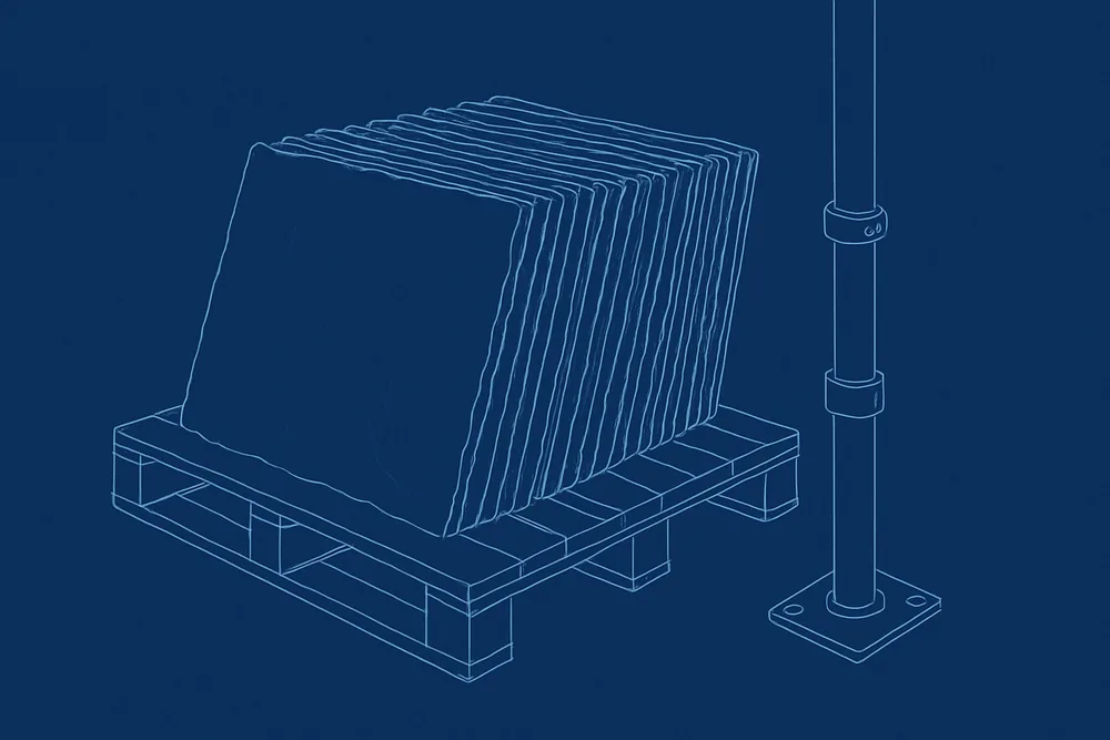 A line drawing of reclaimed slates stacked on edge on a pallet beside a scaffold pole — slate roofing, Ballarat. Illustrative example.